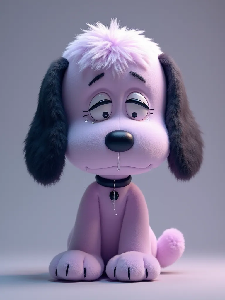 Create me an image of the giant purple Snoopy puppy, very cute and very sad with tears in his eyes crying my heart broken on one side of the image