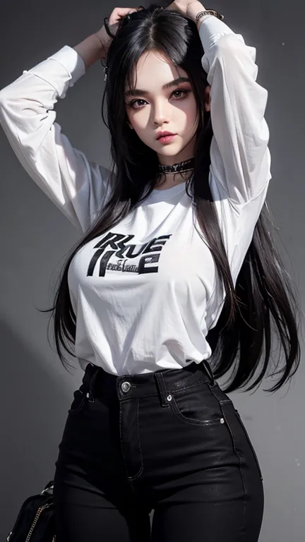 solo , 1girl , long hair , white shirt rock punk styes , big breast , black jeans rock punk styes 