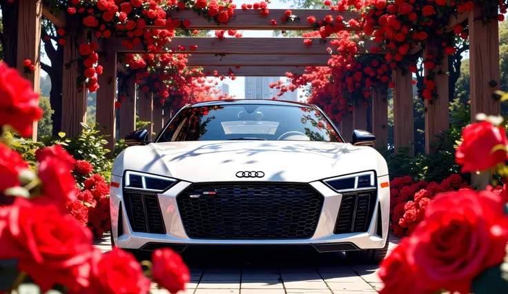A white Audi sports car is positioned in the center-middle ground of the image, facing the camera. The car is surrounded by a dense cluster of vibrant red roses, which are in sharp focus in the foreground and slightly blurred in the mid-ground. The roses...