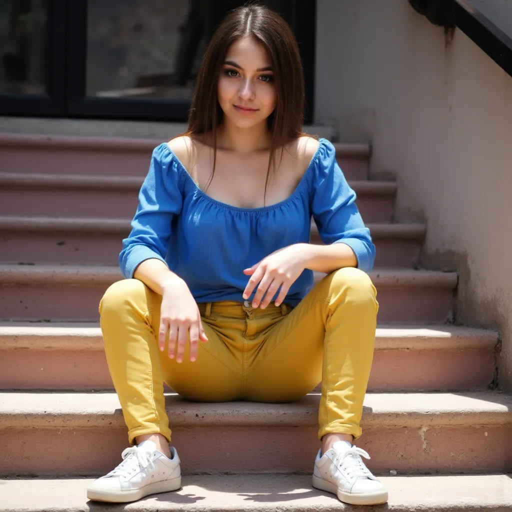 woman sits on a staircase. Has a blue blouse on. And a pair of yellow jeans. She wears sneakers in a photorealistic style,  sharp focus, very detailed, sunlight, Detail,  full body