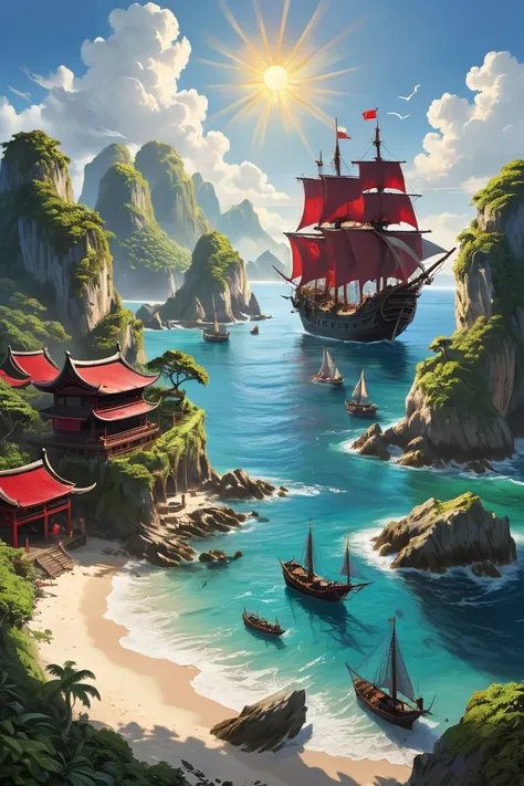 Une île de pirates. On peut voir autour de l'île une trentaine de navires. Ces navires asiatiques sont anciens et recouverts d'un toit de chaume. Leurs voiles sont rouge carmin.