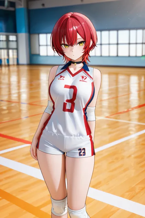 NSFW,masterpiece,Highest quality,High Resolution,very detailed, boyish girl,high school girl, red hair ,medium hair,wolf cut,clavicle,with golden eyes,choker, volleyball shorts, volleyball uniform