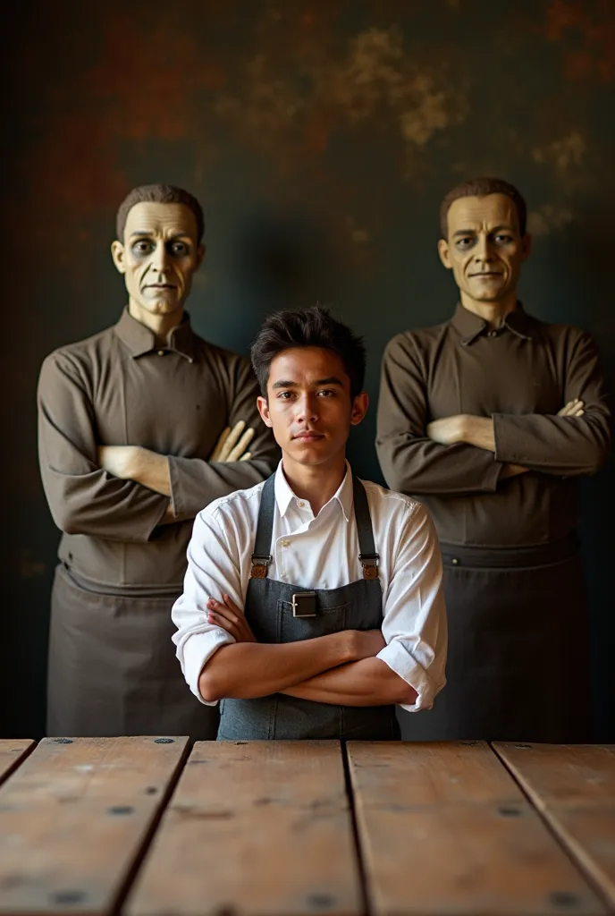 A young 28-year-old Mexican cook named Juan El Bravio with his arms crossed and behind him are the spirits of Doña Cleta and Tata Nacho, his ancestors just as folded their arms in front of them is a long wooden table. 