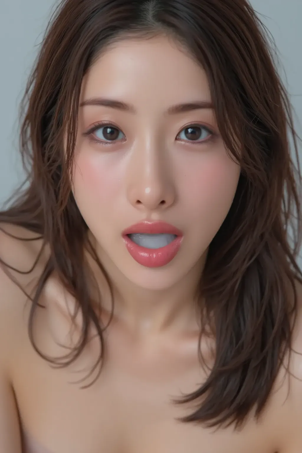 high res pictures. masterpiece. Japanese woman with her mouth wide open. Intense oral sex is over、immediately , there is a large amount of white semen in her mouth. she doesn't know what to do with the large amount of white semen in her mouth、They are smil...