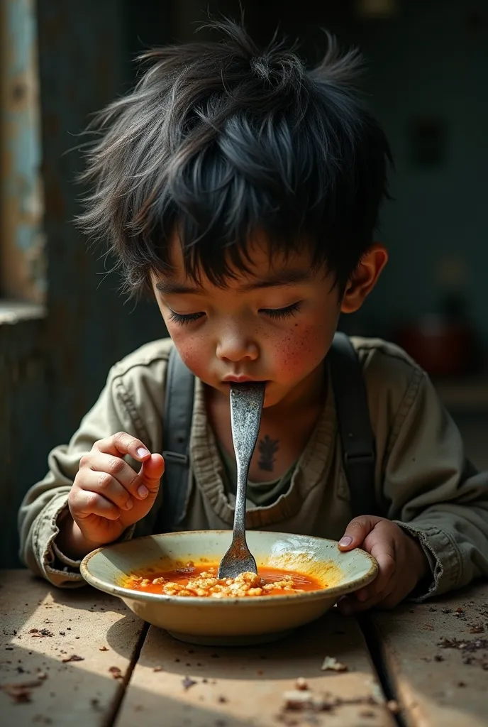 Dark and dirty boy eats soup with a fork