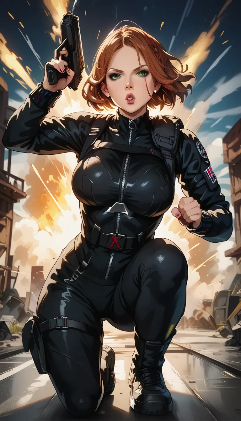 score_9, score_8_up, score_7_up,, a woman in a black combat suit is posing in her landing pose, badass landing pose, landing on ground after big jump, marvle black widow landing pose, one leg straight out to the side, the other leg bent, supported by one h...