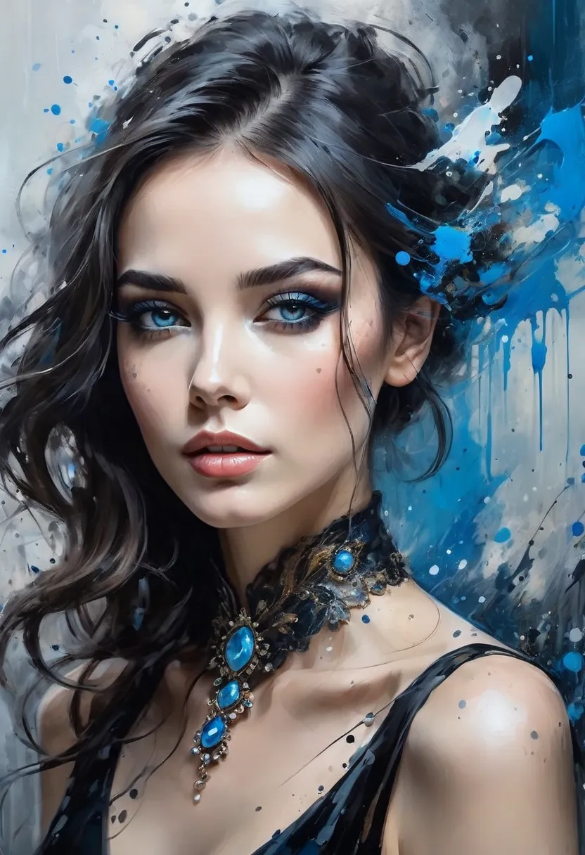 An exciting side portrait of a beautiful European woman with dark hair, with a perfect face, makeup. It wears elegant jewelry and black dress. Abstract splashes and spots contrast with its carefree realism. Soft lighting enhances its features, while thin b...