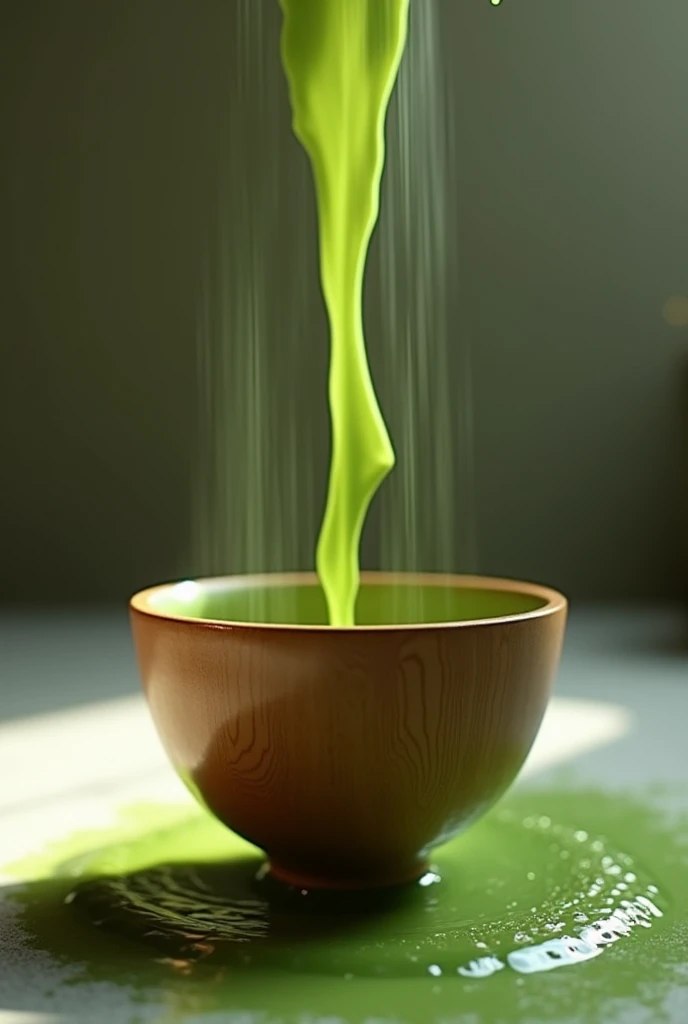 A wooden matcha cup from which a matcha drink comes out and covers the whole screen from the top 