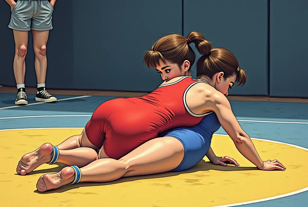 ultra detail, anime style. Match from the eighties . a female in a red freestyle wrestling singlet is on all fours in the center of the mat, and a female in a blue freestyle wrestling singlet is holding it from behind