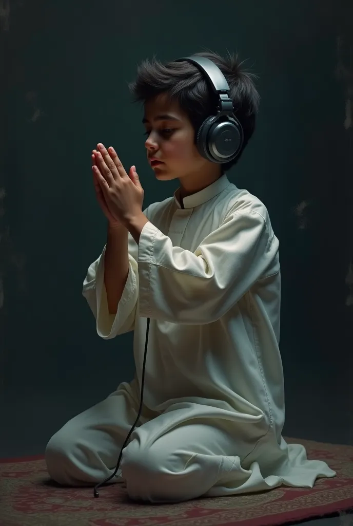 hand some s  arabic boy and praying and hands up and wearing headphones and wearing arabic dress in dark white colour
