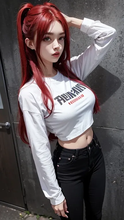 solo , 1girl , red long hair , white shirt rock punk styes , big breast , black jeans rock punk styes 