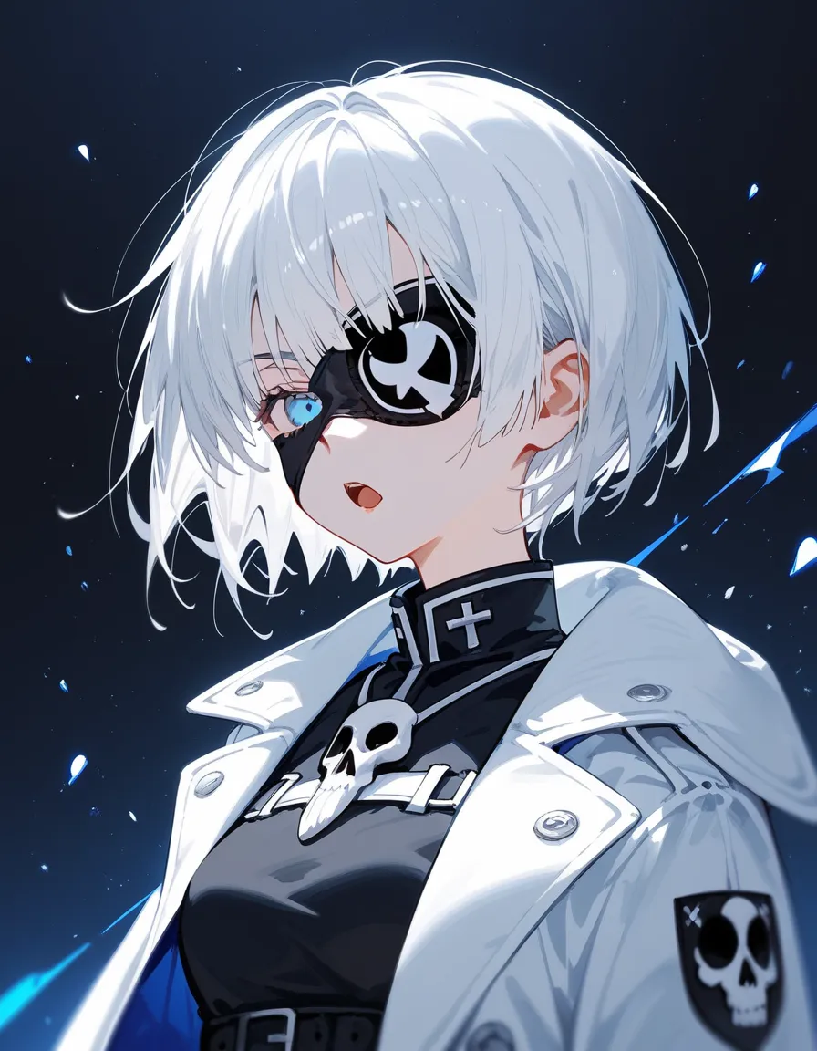  girl, white hair, short hair , in blue eyes, White Coat,medium chest,cool,Wear a black miniskirt, White Skull Mask,eyes patch ตาขวา,,Cross Eye , black eye border,,Wearing black gloves ,Fierce face,black background,cute,student, in the empty eye,Open your ...