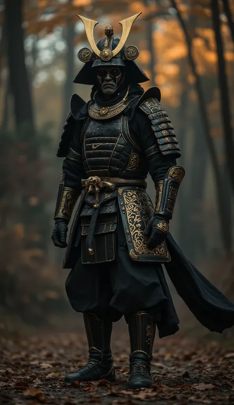 samurai in an epic scene, with shiny black armor, with the Nike symbol in gold with arabesques engraved on the metal, zombie samurai, scene with a horror atmosphere, he wears black metal Jorden sneakers with the Nike logo in gold, 8k