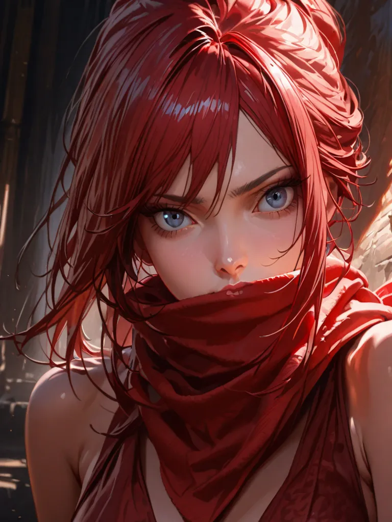 erza scarlet (bandana covering her lips and nose all the way to the neck:1.3)