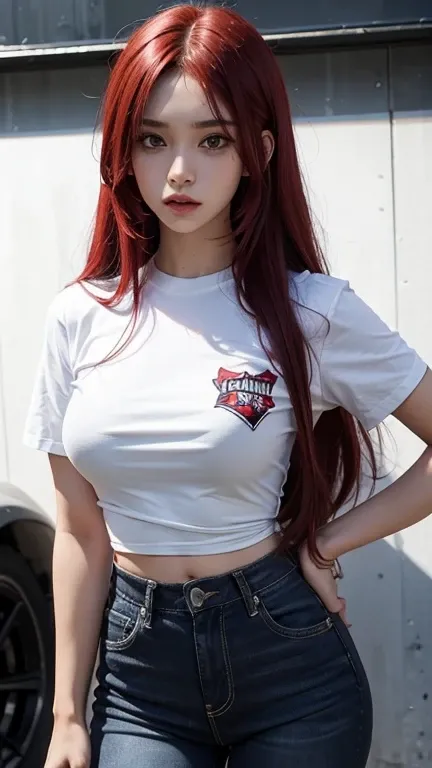 solo , 1girl , red long hair , white shirt rock punk styes , big breast , black jeans rock punk styes 