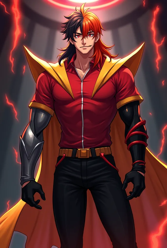 Anime style
Male
Man
Adult
52 years old
Phoenix Enigma, wears the following clothes: red shirt with a yellow cape which parts into two triangular shapes around the front of the outfit and a white line down the center, black pants, black gloves on both hand...