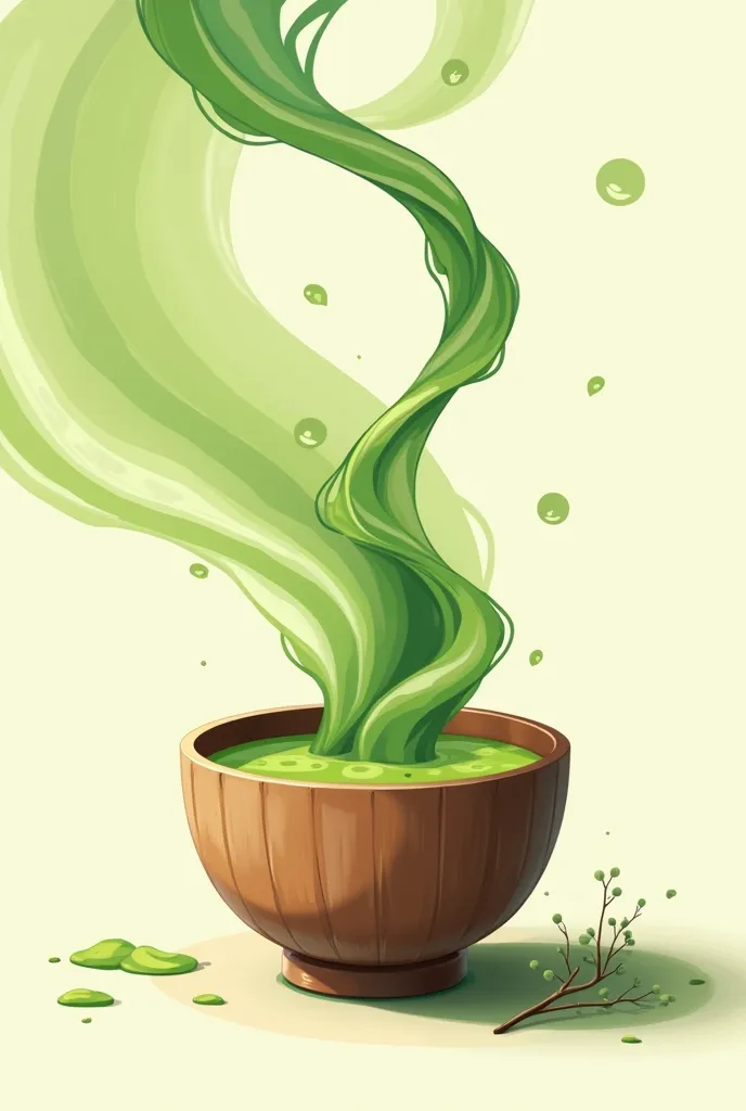 Draw a wooden matcha cup away from the screen, then make the matcha drink come out of the cup to cover the entire upper part of the screen and make it a karaoke drawing style 