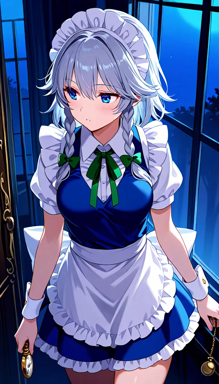 high resolution, 1girl, izayoi sakuya,  night, (half closed eyes:0.3), blue eyes, wrist cuffs, cowboy shot, window, walking, corridor, have a pocket watch, sitting,