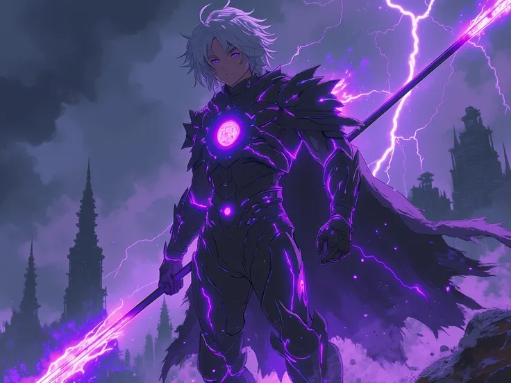 Anime character, male, 20 years old, black hair turned fully silver, glowing purple eyes. Body covered in black energy armor with purple lightning, a cloak made of darkness and electricity. Holding an energy spear. Background — a ruined city, stormy sky, l...