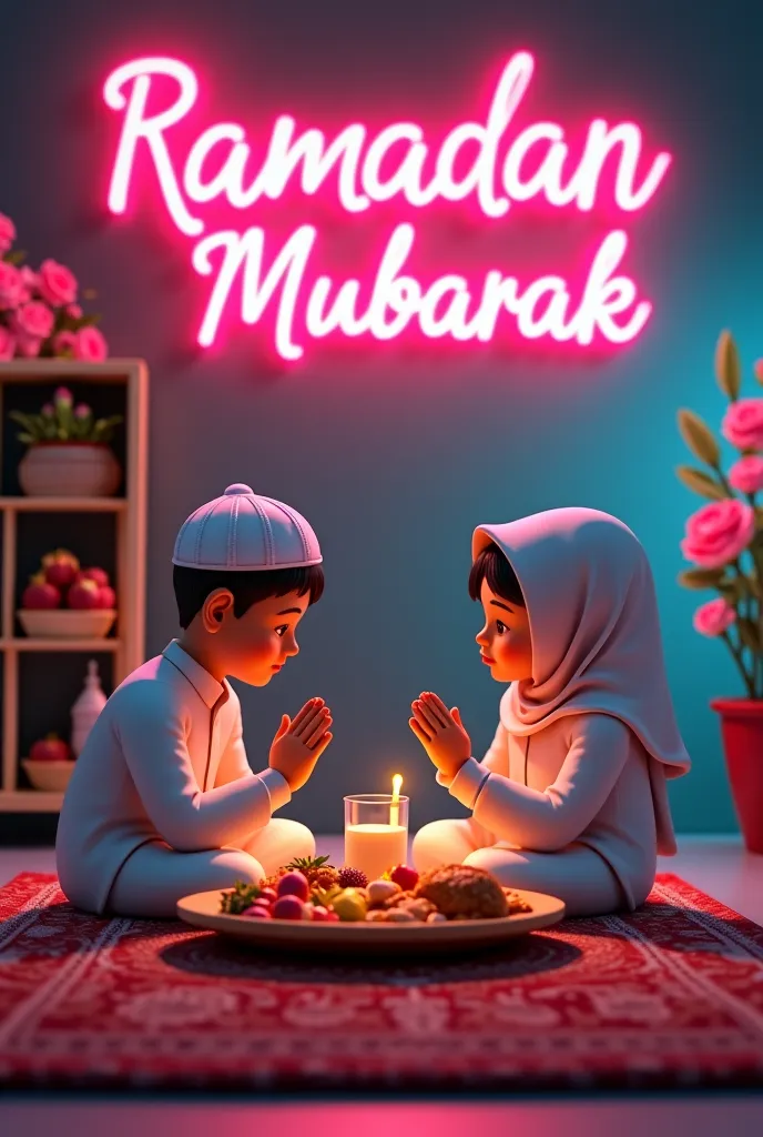 Realistic 3D Al photo

in a decorated room, a Muslim couple a boy wearing white kurta and cap a muslim girl wearing hijab are sitting, they are breaking the fast, fruits are placed in front of them, chiken curry, biryani is placed, pakodas are placed water...