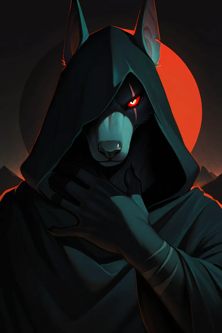 ((masterpiece, best quality, ultra detailed)), ((furry, anthro)), ((arabian, dark fantasy)), ((male, man)) ((solo)). Mysterious rat-man shrouded in darkness, wearing a hooded black robe. His limbs are composed of living black sand, constantly moving. Only ...