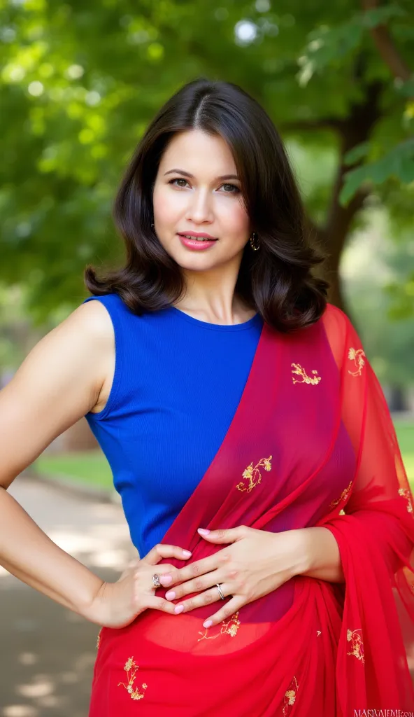 •	A half-length photography of a stunning Russian woman aged 40 with a curvy figure. She is wearing a blue tight sleeveless blouse with a red gorgeous saree.The woman has medium-length black hair and wears dark pink lipstick. The background is lush greener...