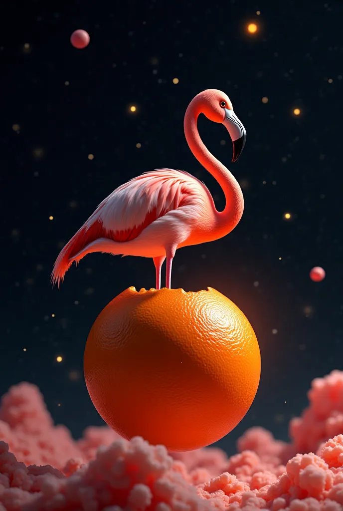 A flamingo whose neck grows out of an orange and the backgorund is space 