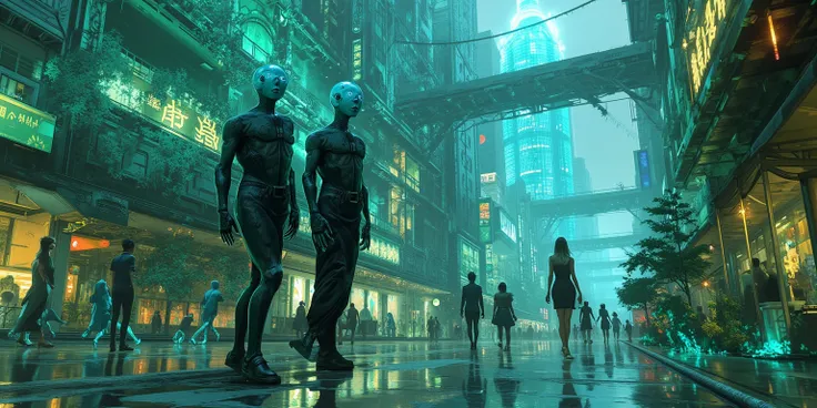 jade and crystalline modern city, building etched and painted with Asian stylings, some buildings brilliantly lit with colorful fluorescent lights, the pedestrians are blue skinned frog men (huge eyes, humanoid, mottled blue skin, long fingers, black cyber...