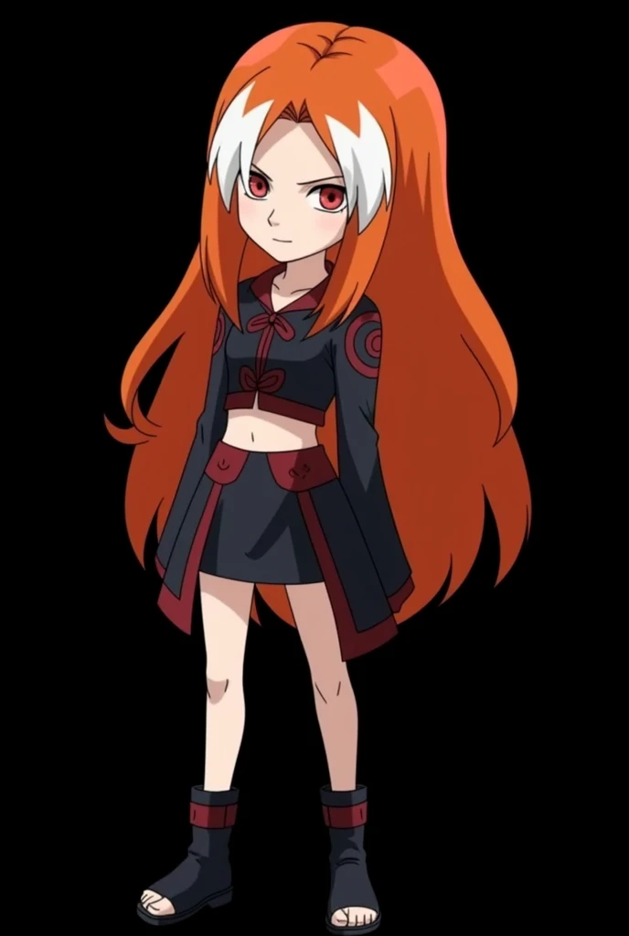  Female character of an 18-year-old girl designed for the Boruto universe: Naruto Next Generarions, in the style of Masashi Kishimoto ,  Aparência:

Age: 18 anos

 Aparência:

 Hair:  long and flaming ,  with an intense orange tone that seems to shine in t...