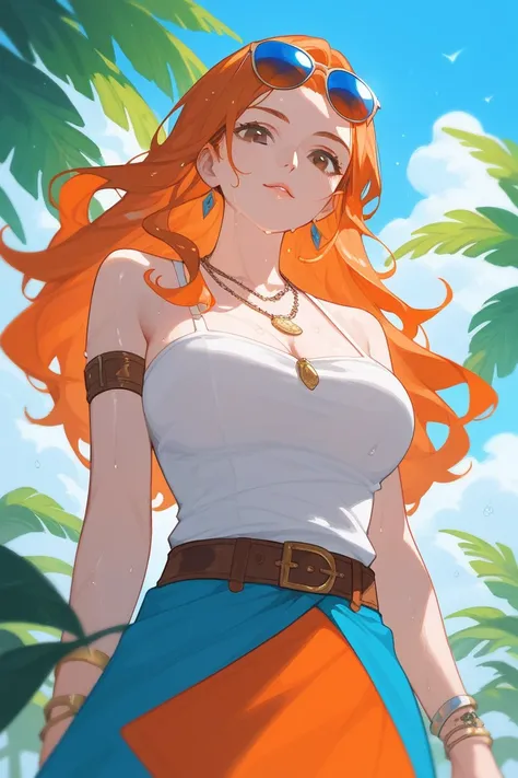 ( from below :0.6),  score_9_high, score_8_high, (Us),  1 girl, Alone, brown eyes, orange hair,  long hair , looking at the viewer, ( sweaty),  big chest, More, Moregulls,  blue sky,  plant ,  bracelet,  necklace,belt, Sunglasses,
