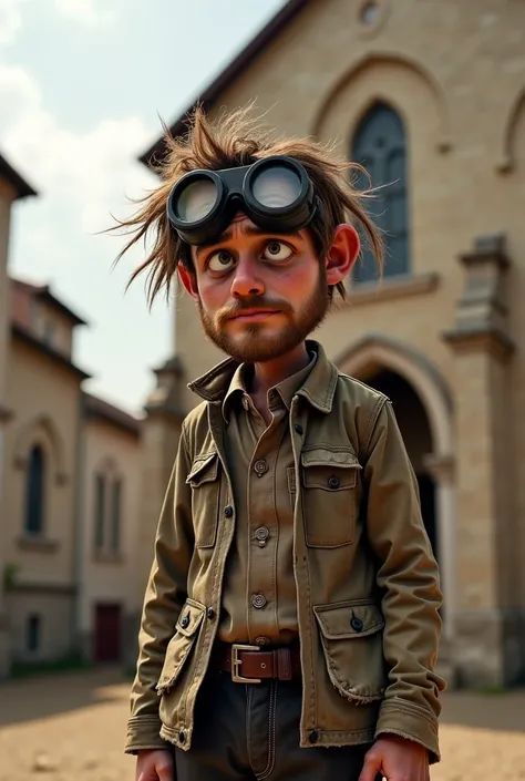 Un vagabond 90 ans , , vêtements  torn en lambeaux , Vêtements sales  , Holed  ,  torn , drunk , scenery in front of an old church,Funny Pixar humor ,  full body  ,  goggle , disheveled hair , concerned  . Yeux marrons   full body  