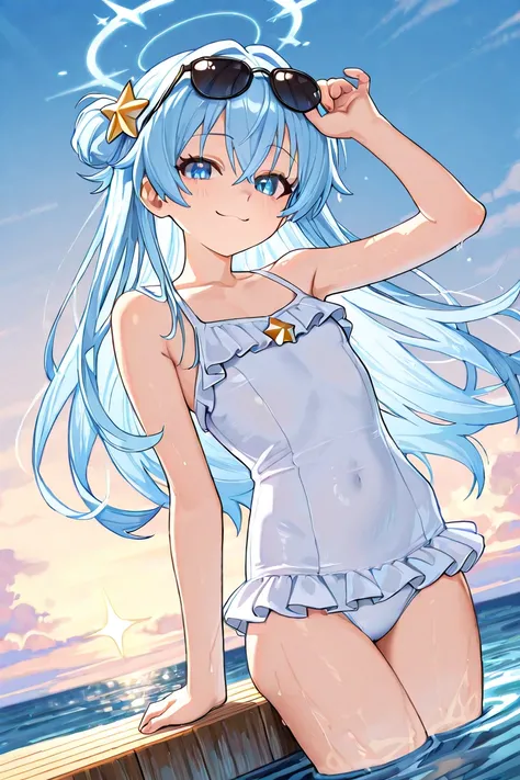 Anime girl, 6 head tall, long straight colorful sky blue hair, sky blue eyes, sexy smile, star on hair, flat chest, full body white swimsuit, sunglasses on hair, in the ocean 