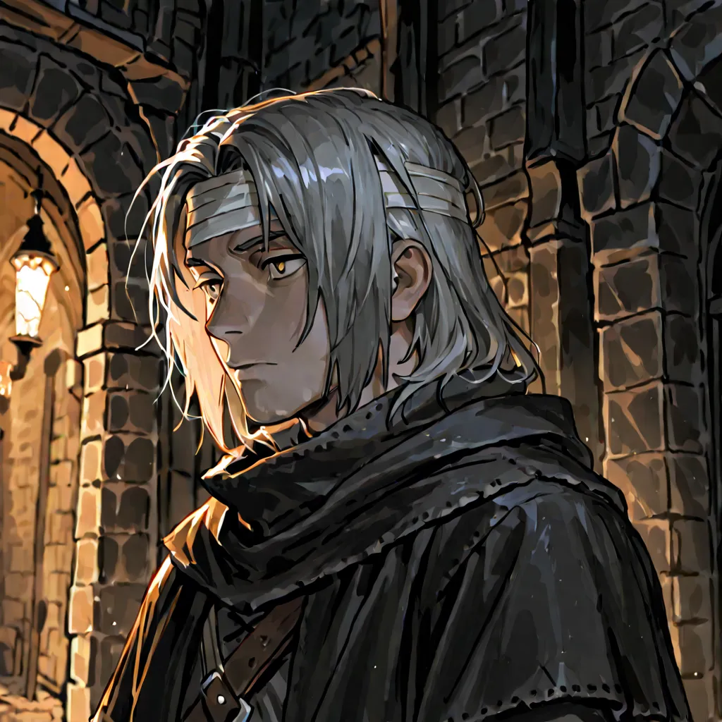 A poor looking man, he walks down an alley in a dark medieval city. He wears light, dark clothes, covers the lower part of his face with a bandage, and his hair is ash-gray. Close-up of the man.