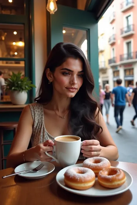 Real girl sitting in a cafe in Madrid drinking coffee with donuts 