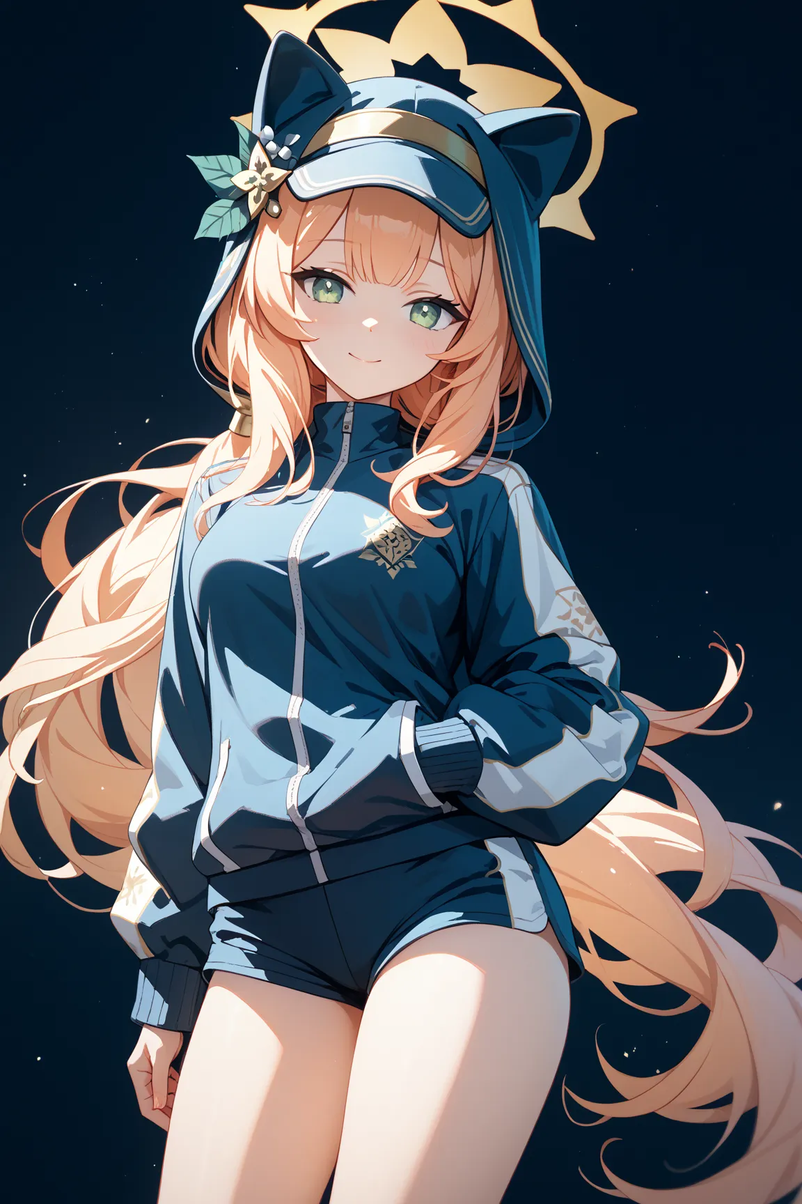 Mari \(blue archive\),  {{{best quality}}}, {{ultra-detailed}}, {illustration}, {{an extremely delicate and beautiful}},simple background, track suit,short pants