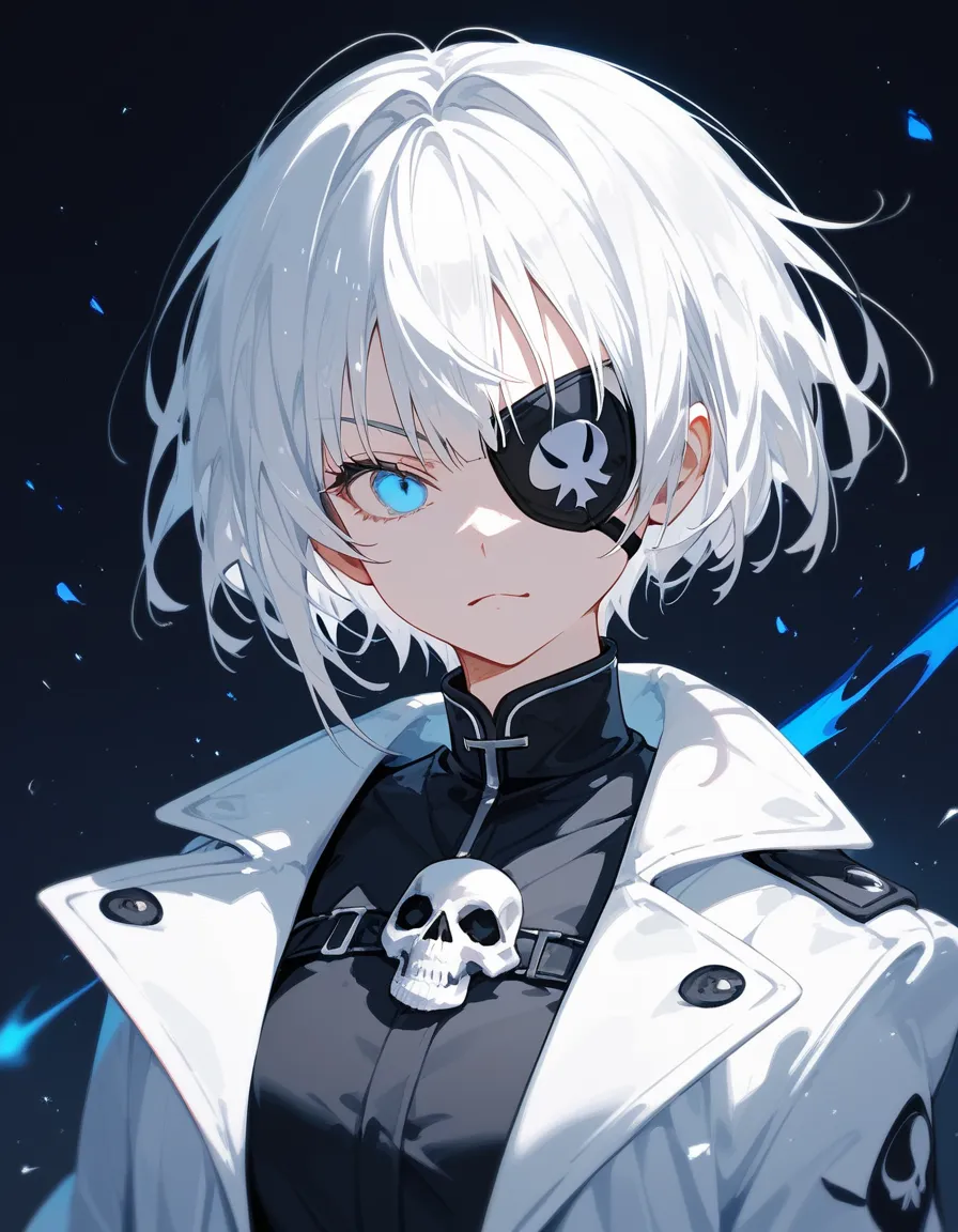  girl, white hair, short hair , in blue eyes, White Coat,medium chest,cool,Wear a black miniskirt, White Skull Mask,eyes patch ตาขวา,,Cross Eye , black eye border,,Wearing black gloves ,Fierce face,black background,cute,student, in the empty eye