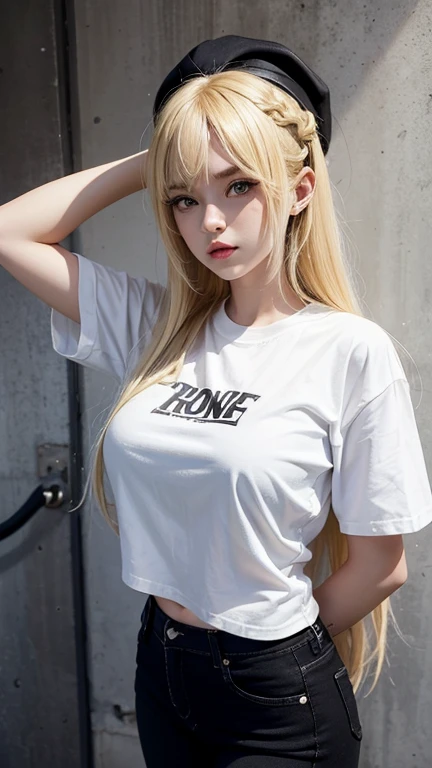 solo , 1girl , Blonde long hair , white shirt rock punk styes , big breast , black jeans rock punk styes 