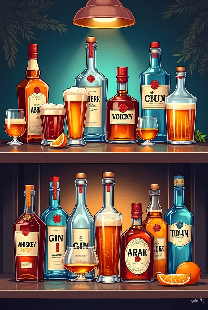 2 pics for beer whiskey vodka gin tequila rum and arak for a presentation 