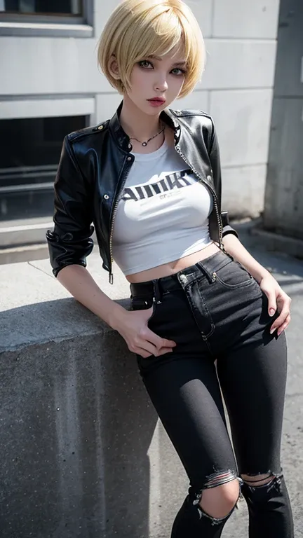 solo , 1girl , Blonde short hair , white shirt rock punk styes , mid breast , black jeans rock punk styes 