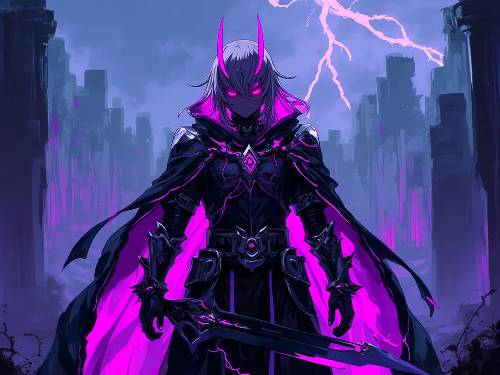 Anime character, male, 20 years old, black hair turned fully silver, glowing purple eyes. Body covered in black energy armor with purple lightning, a cloak made of darkness and electricity. Holding an energy spear. Background — a ruined city, stormy sky, l...