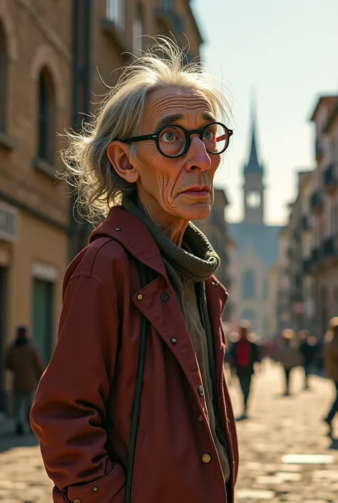 A 90-year-old vagrant woman , , vêtements  torn en lambeaux , Vêtements sales  , Holed  ,  torn , drunk , scenery in front of an old church,Funny Pixar humor ,  full body  ,  goggle , disheveled hair , concerned  . Yeux marrons   full body  