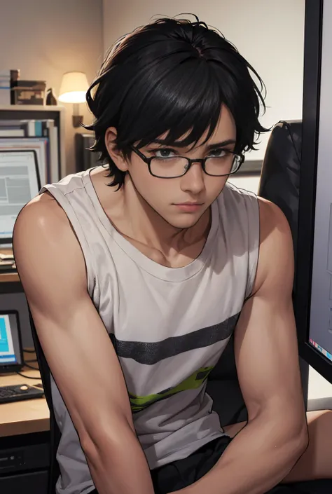 A man in his 20s. He has short, straight messy black hair, tired, lifeless eyes, dark circles under his eyes, is very pale, thin, has stooped shoulders and a tired expression, is nervous, has thin rectangular glasses, sitting in front of a computer in a me...