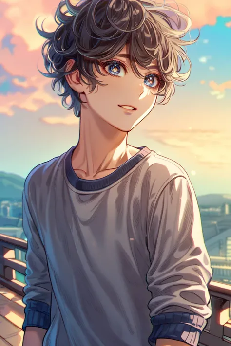 nonsense, high resolution,  ultra detailed , HDR, master 
, best quality, 1 male ,  beau, 25 ans,  beautiful detailed eyes {x} black and messy hair, dark eyes, franges cachant ses yeux, casual dress,  bright sky , dehors , souriant 