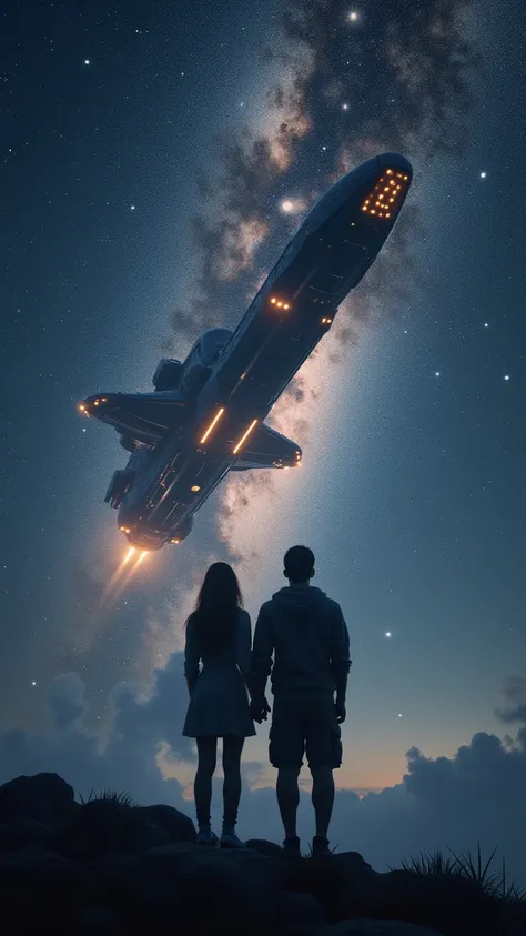 A man a woman enjoying the view of a spaceship in space above the Milky Way 