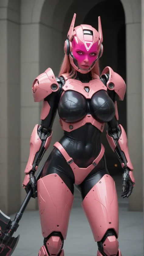 ((girl wearing a skin tight black bodysuit)), ((cybernetic pink armor)), ((pink trim on bodysuit)), (bright purple glowing digital parts all over armor), (gauntlets), claws, (pink open face helmet), long flowing pink hair, futuristic throne room, cyber axe...