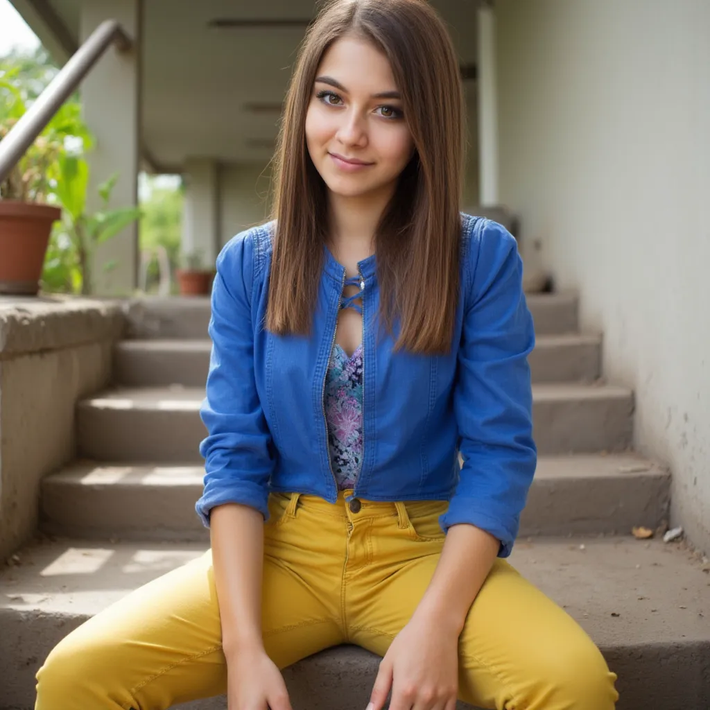 woman sits on a staircase. Has a blue blouse on. And a pair of yellow jeans. She wears sneakers in a photorealistic style,  sharp focus, very detailed, sunlight, Detail,  full body