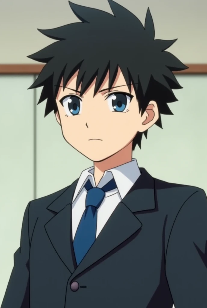 Anime Style, Close-Up, Classroom:
Takahashi Akira, a 16-year-old boy with messy black hair and sharp blue eyes, stands confidently as he answers a question. He wears a standard school uniform: a dark blazer, matching tie, and a crisp white shirt. His expre...