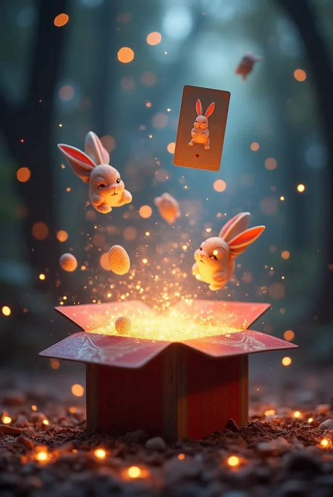 a magical world, With sparkles and top cards flying around with rabbits coming out of the box magic vibe, just background, not people, And cards, I leave the top cards on the side and the center empty, 