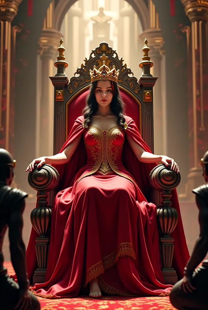 this woman as a queen of a kingdom sitting in a throne with slaves on their knees for her and let her have the red king cape with a crown 