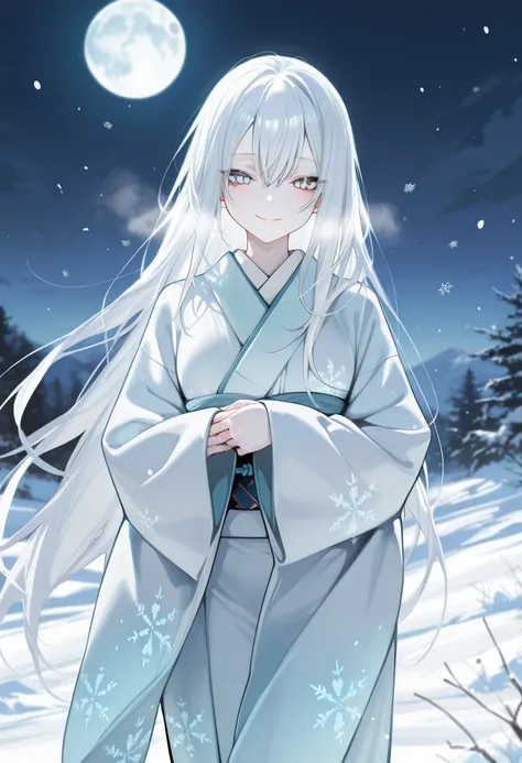 aruhshura, masterpiece, best quality, amazing quality, beautiful woman, long flowing white hair, icy blue eyes, pale skin, traditional Japanese kimono, standing in a snowy landscape, night, full moon, cold breath visible, snowflakes falling, mystical atmos...